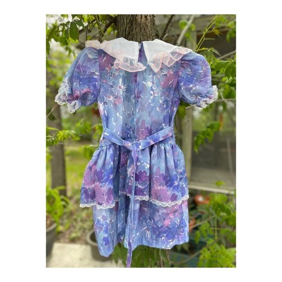 Vintage 80s Princess Party Dress Puff Sleeve Ruffle Collar Lace Rosebuds Waterco - Picture 2 of 6